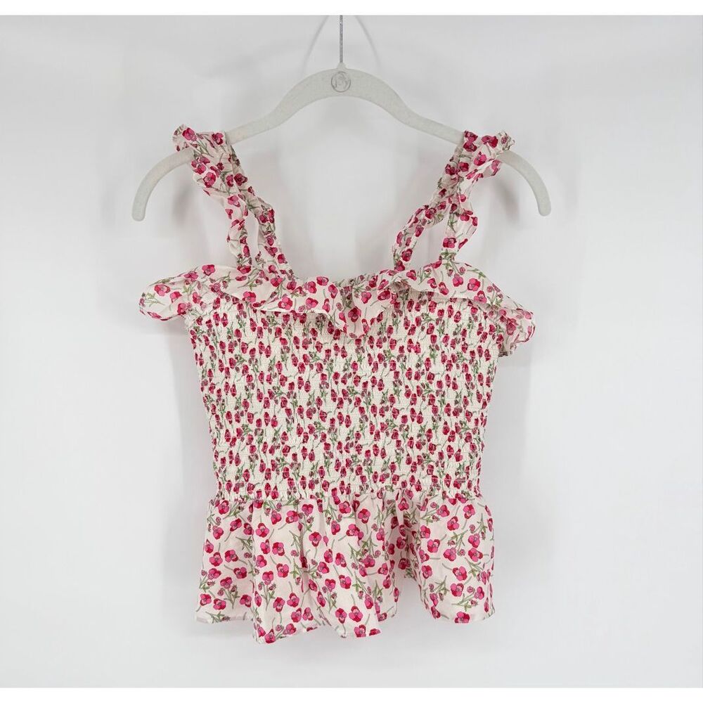 J.Crew Liberty Fabric Floral Smocked Ruffle Top XXS White Pink Cotton Preppy EUC - Picture 8 of 8